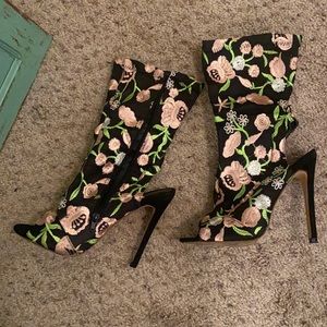 Miss Lola - Black Floral Open-Toe Bootie Heel